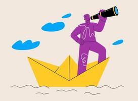 Man with a spyglass standing on paper boat and looking forward. Colorful illustration vector