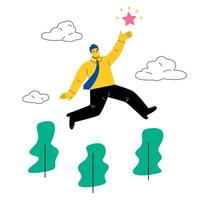 Business man jumped into the sky for a star. way to success. Flat illustration isolated on white background vector