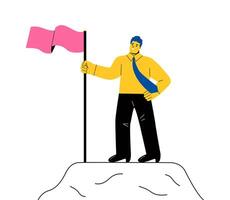 Business man is standing on the top of a mountain and holds a flag. Concept for goals achievement and targets achieved. Flat illustration isolated on white background vector