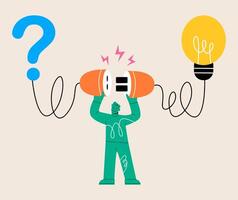Man connect question mark with lightbulb solution. Solution for problem. Colorful illustration vector