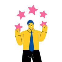 Five stars the best estimate of performance. Business man leave feedback and comments, successful work is the highest score. Flat illustration isolated on white background vector