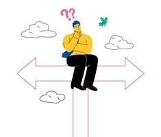 Confusing business man looking at crossroad sign. Work direction or choose the right way to success concept. Flat illustration isolated on white background vector