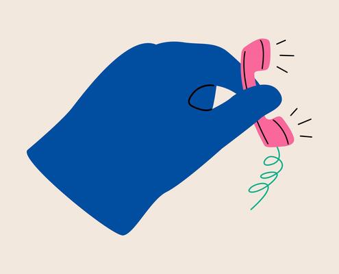 Hand holding old classic analog phone handling. Colorful illustration
