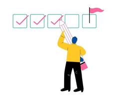 Business man follow up on targeted work. Progress checklist. Check work concept. Flat illustration isolated on white background vector