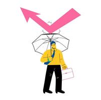 Business man standing with umbrella and defending from thunder lightning arrows hitting. Strategy concept. Flat illustration isolated on white background vector