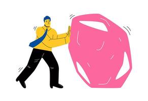 Strong business man pushes a large stone. Metaphor of efforts in achieving goals. Flat illustration isolated on white background vector