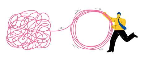 Tangle tangled and unraveled. abstract metaphor, business problem solving concept. Flat illustration isolated on white background vector