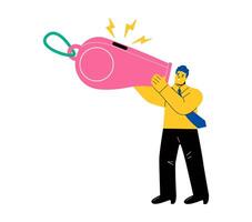 Business man blowing the whistle out load while pointing signal to tell other people. Communication concept. Flat illustration isolated on white background vector