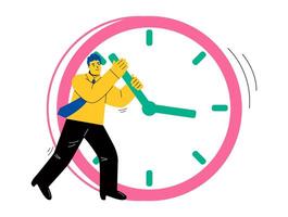 Time management concept. Business man trying to delay time on big giant clock. Flat illustration isolated on white background vector