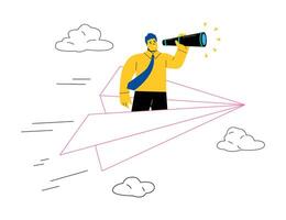 Confidence businessman leader on flying high paper plane looking forward through telescope. Flat illustration isolated on white background vector
