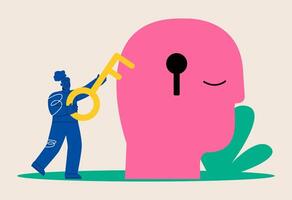 Woman holding key to keyhole in brain of abstract head. Colorful illustration vector
