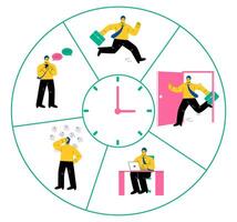 Working Day. Stopwatch with Daily Tasks. Flat illustration isolated on white background vector