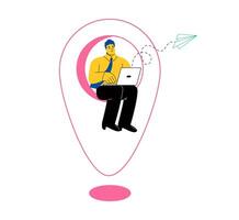 Business man working on map location pin using computer laptop. Remote job concept. Flat illustration isolated on white background vector