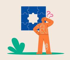 Man looking at a missing puzzle. Colorful illustration vector