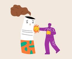 Man punching a cigarette. Represents the fight to stop smoking. Colorful illustration vector