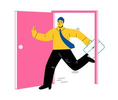 Business man with briefcase walking out open door. Concept of step to success. Flat illustration isolated on white background vector