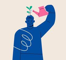 Man learner using watering can to water growing seedling on his head. Self improvement concept. Colorful illustration vector