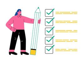 Finished checklist concept. Business woman expert holding pencil tick all completed task checkbox. Flat illustration isolated on white background vector