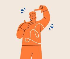 Man shows a frame from hands like take photography with happy face. Photography concept. Colorful illustration vector