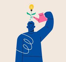 Man watering a plant with a light bulb. Investment on an innovative concept. Colorful illustration vector