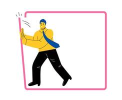 Going beyond limits. Businessman pushing to break boundary box. Flat illustration isolated on white background vector