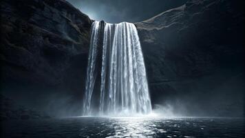 A waterfall is shown in the dark with a light shining photo