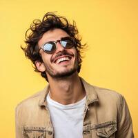 Portrait of a happy man wearing sunglasses on yellow background photo