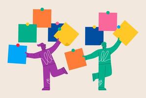 Woman and man put stick notes on board create strategy of project management. Colorful illustration vector