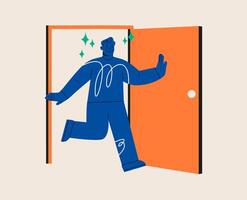 Man walking out open door. Concept of step to success. Colorful illustration vector