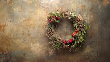 A wreath with berries and twigs on a wall photo