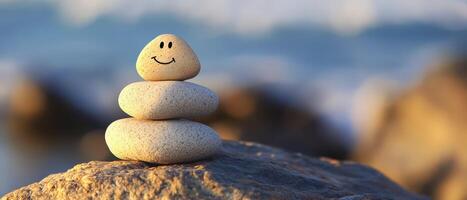 A stone with a smiley face sitting on top of a rock photo