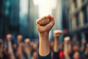 A person holding up a fist in front of a crowd photo