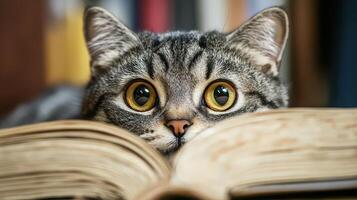 A cat is looking at the camera while reading a book photo
