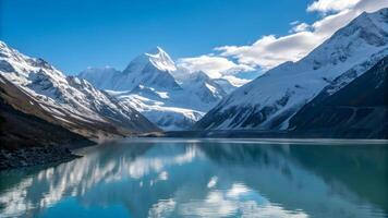 Serene Mountain Lake with Snow-Capped Peaks Reflecting in Clear Water photo