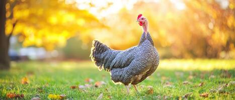 A chicken is standing in the grass in front of a tree photo