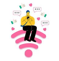 Business man sitting on Wi-Fi sign and using smartphone for internet. Free hotspot network concept. Flat illustration isolated on white background vector