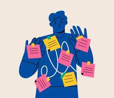 Man with sticky notes all over him. Post it. Colorful illustration vector