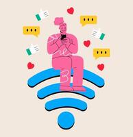 Woman sitting on Wi-Fi sign and using smartphone for internet. Free hotspot network concept. Colorful illustration vector