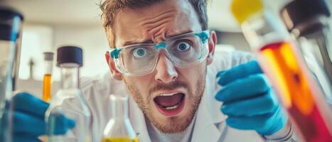 A man in a lab coat is making a face photo