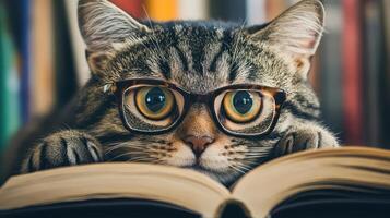 A cat wearing glasses is reading a book photo