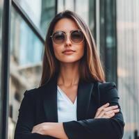 Young business woman in sunglasses standing in front of building photo