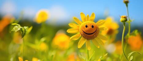 A smiling sunflower in a field of green grass photo