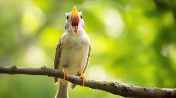 A bird with its mouth open on a tree branch photo
