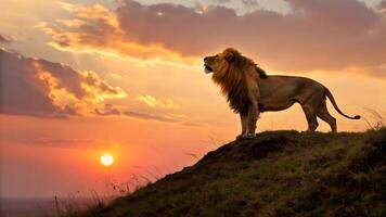 Majestic Lion Roaring on Grassy Hill at Sunset photo