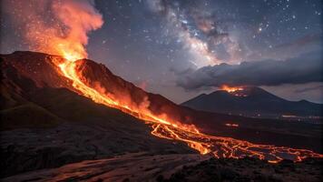 Volcanic Eruption at Night with Lava Flow and Milky Way photo