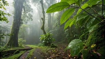 Serene Rainforest Path with Lush Greenery and Misty Atmosphere photo
