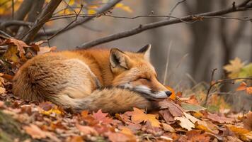 dormido rojo zorro en cama de otoño hojas foto