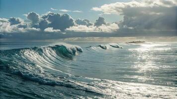 A large wave rolls in the ocean with clouds in the background photo