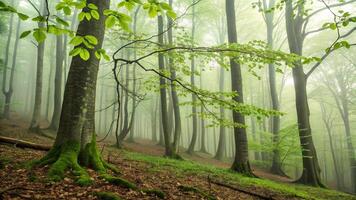Green forest in the fog photo