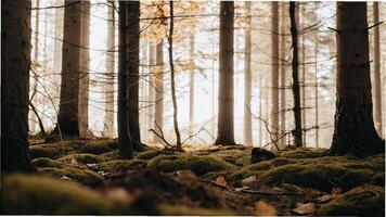 A forest with trees and moss in the sunlight photo